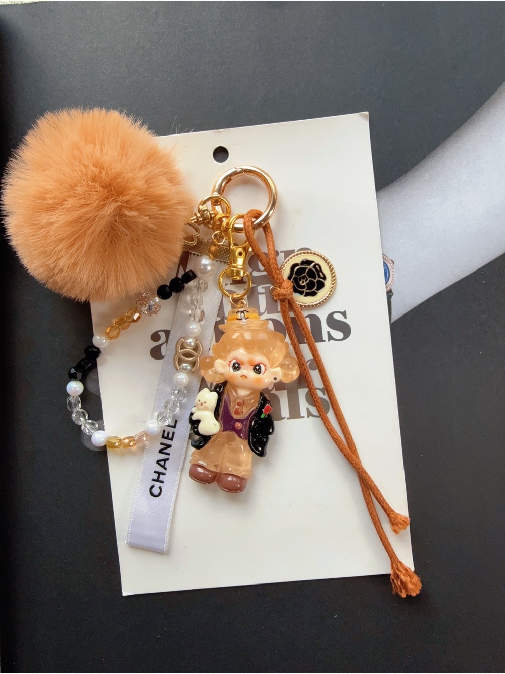 Auth CC Brown Pom Pom & Charm Bag Keychain Charm pop mart character